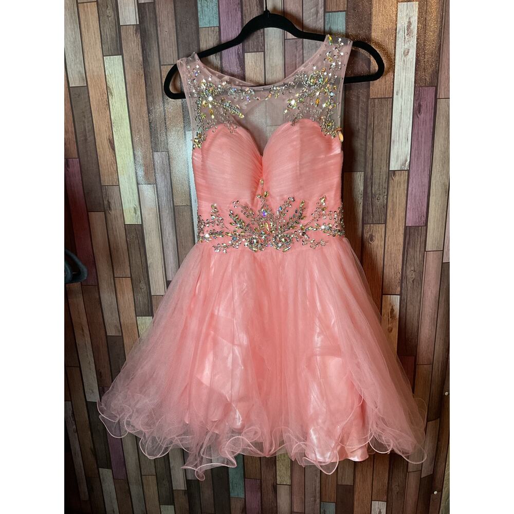 Juliet  Short A Line Peach Dress Sheer Neckline Silver Crystals Sequins Small